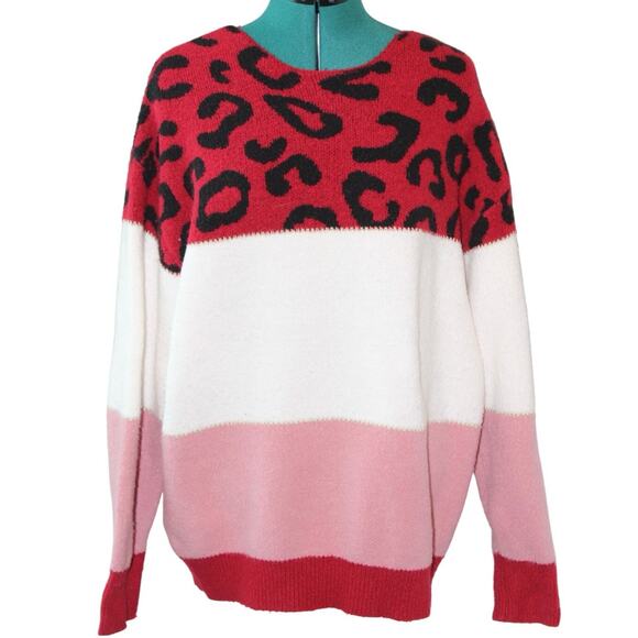 Bibi Leopard Colorblock Sweater Red Pink Cream Soft Knit Women’s Large - Picture 2 of 5
